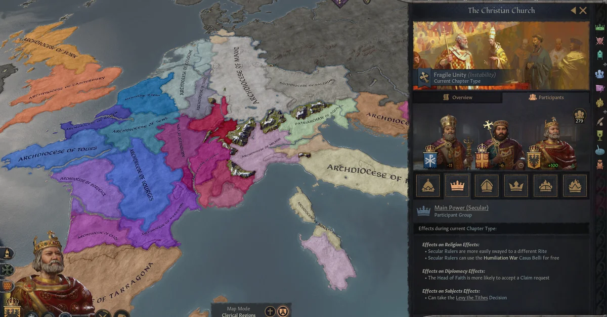 Archdioceses shown across Western Europe on the Crusader Kings 3 map, with the Christian Church window open