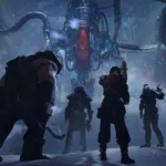 An Ogryn and three strike team members in a snowstorm in Warhammer 40,000 Darktide key art