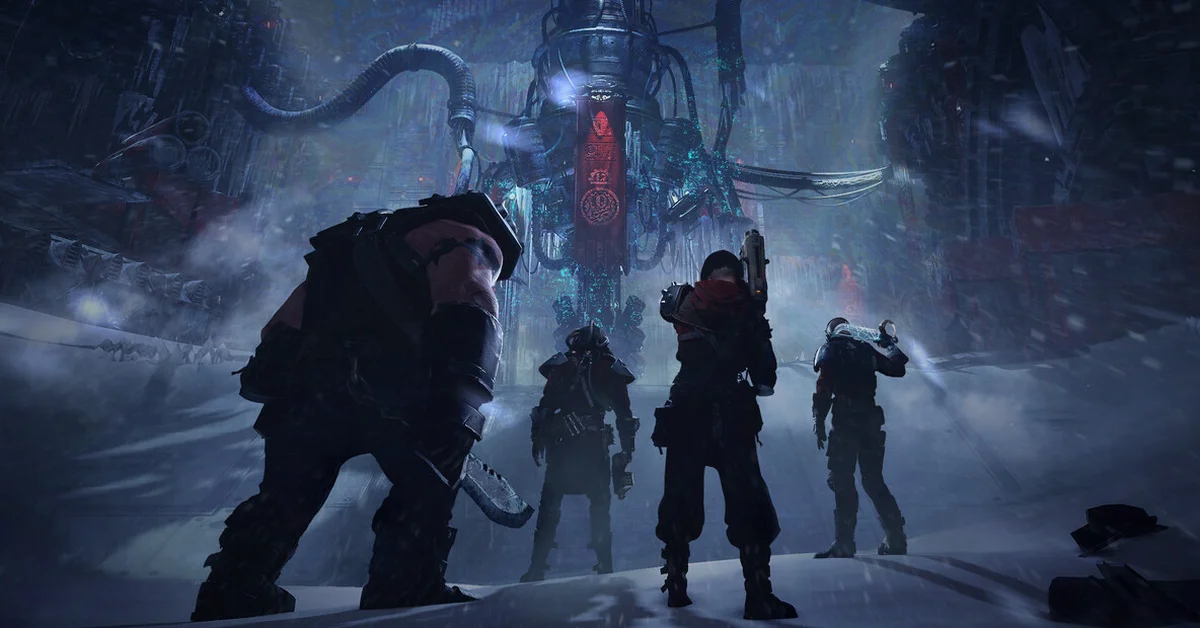 An Ogryn and three strike team members in a snowstorm in Warhammer 40,000 Darktide key art