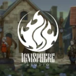The Ignisphere Studio logo over a fantasy town square with a knight, a horse and animal-folk villagers