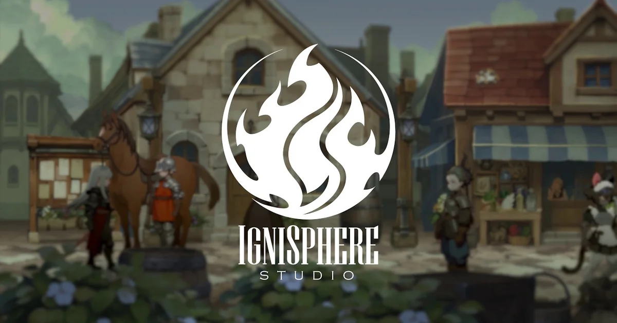 The Ignisphere Studio logo over a fantasy town square with a knight, a horse and animal-folk villagers