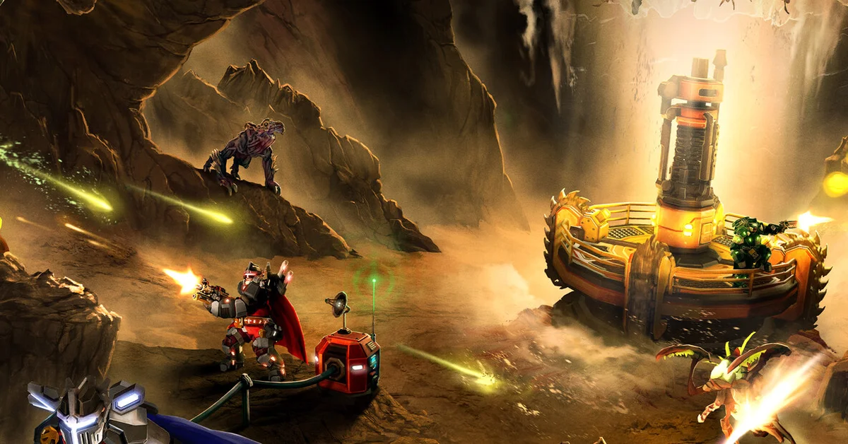 Dwarves defending a drilling rig in Deep Rock Galactic key art