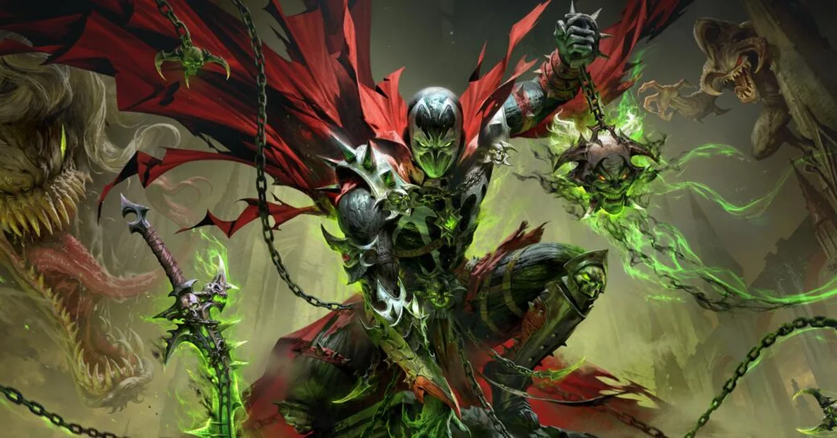 Spawn wielding chains and a green-glowing weapon in the official Diablo Immortal crossover key art