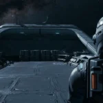 A crew member in a spacesuit on the hull of the Cassiopeia in Directive 8020