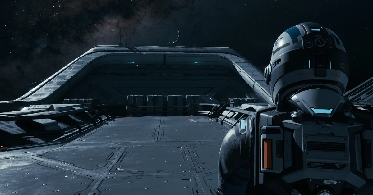 A crew member in a spacesuit on the hull of the Cassiopeia in Directive 8020
