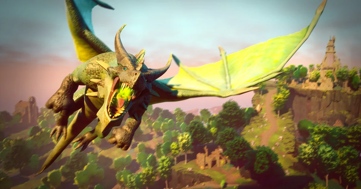 A green dragon in flight over the forest in an official RuneScape Dragonwilds screenshot
