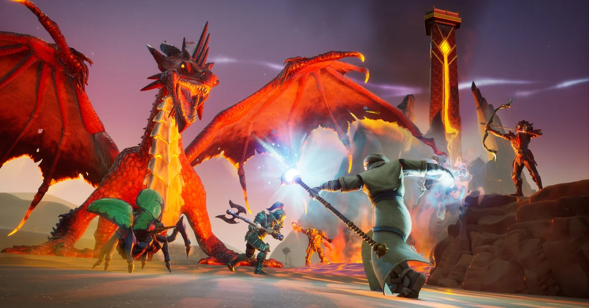 A party fighting a red dragon beside a volcanic spire in an official RuneScape Dragonwilds screenshot