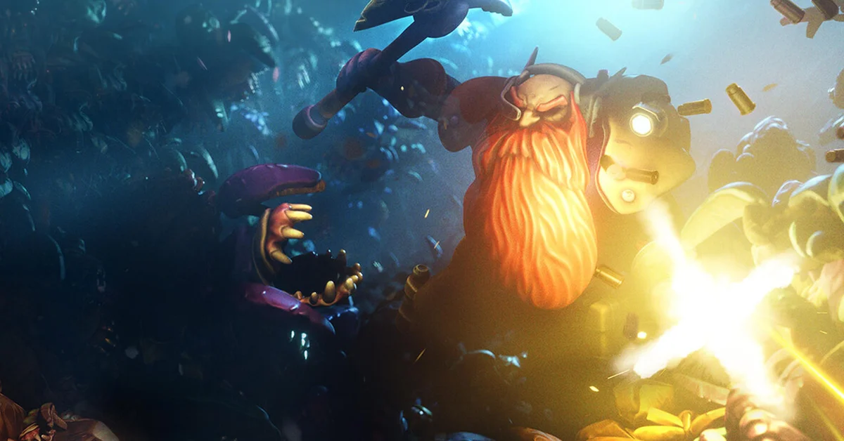 A dwarf miner firing into a swarm in Deep Rock Galactic Survivor key art