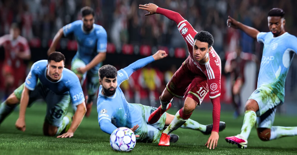 Players contesting a loose ball in EA Sports FC 27
