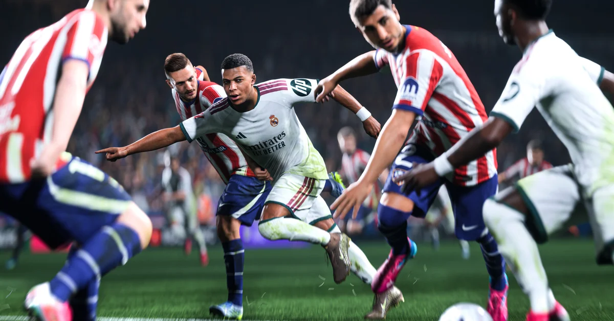 Kylian Mbappe dribbling past defenders in EA Sports FC 27