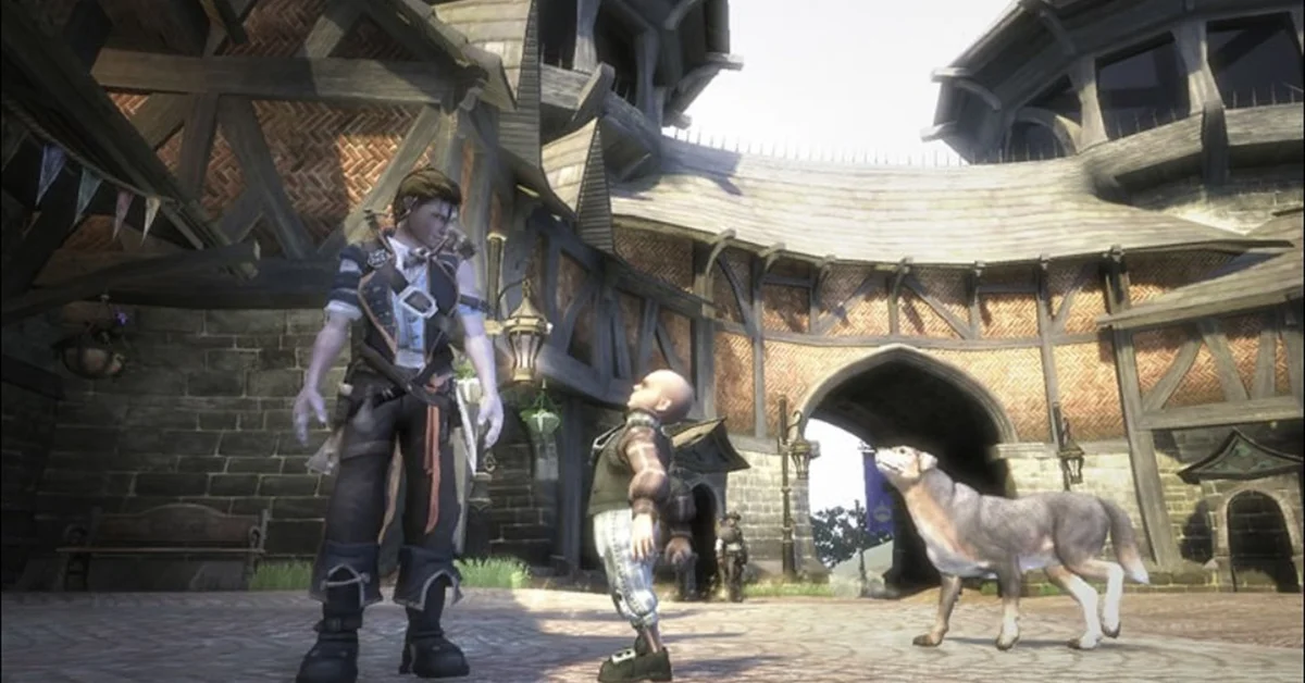 The Fable II hero and a bald villager in a timber-framed town square as a grey dog walks past an archway