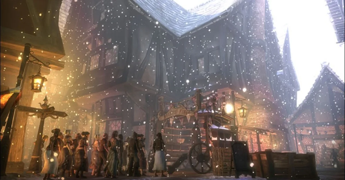 Villagers gathered in a snowy Fable II town street at night, lit by lanterns beside timber-framed buildings