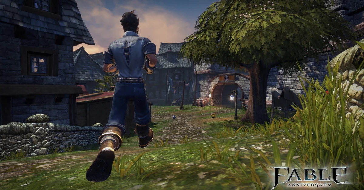 The Hero running down a grassy village path past stone cottages in Fable Anniversary