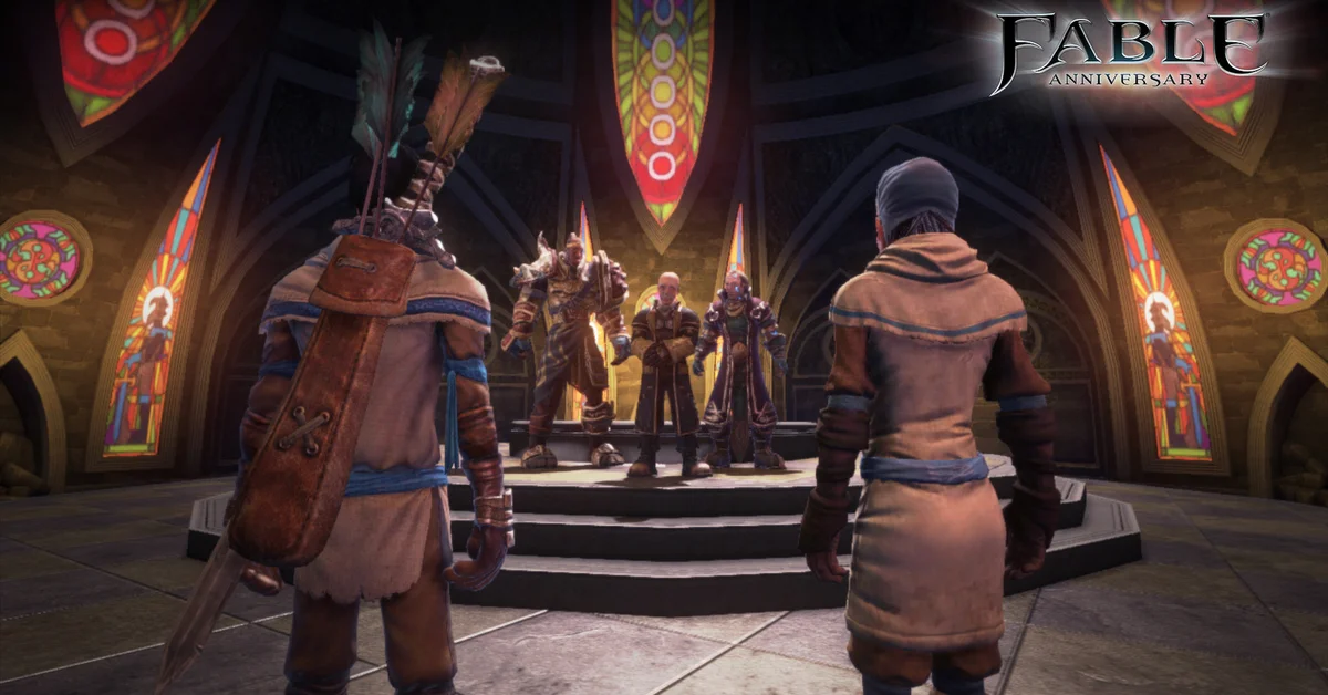 Two apprentice Heroes facing three veteran Heroes in the stained-glass hall of the Heroes' Guild in Fable Anniversary