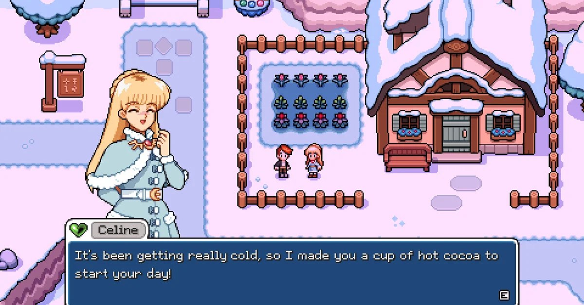 Celine in a fur-trimmed winter coat telling the player she made them hot cocoa, in a dialogue scene outside a snowy cottage in Fields of Mistria
