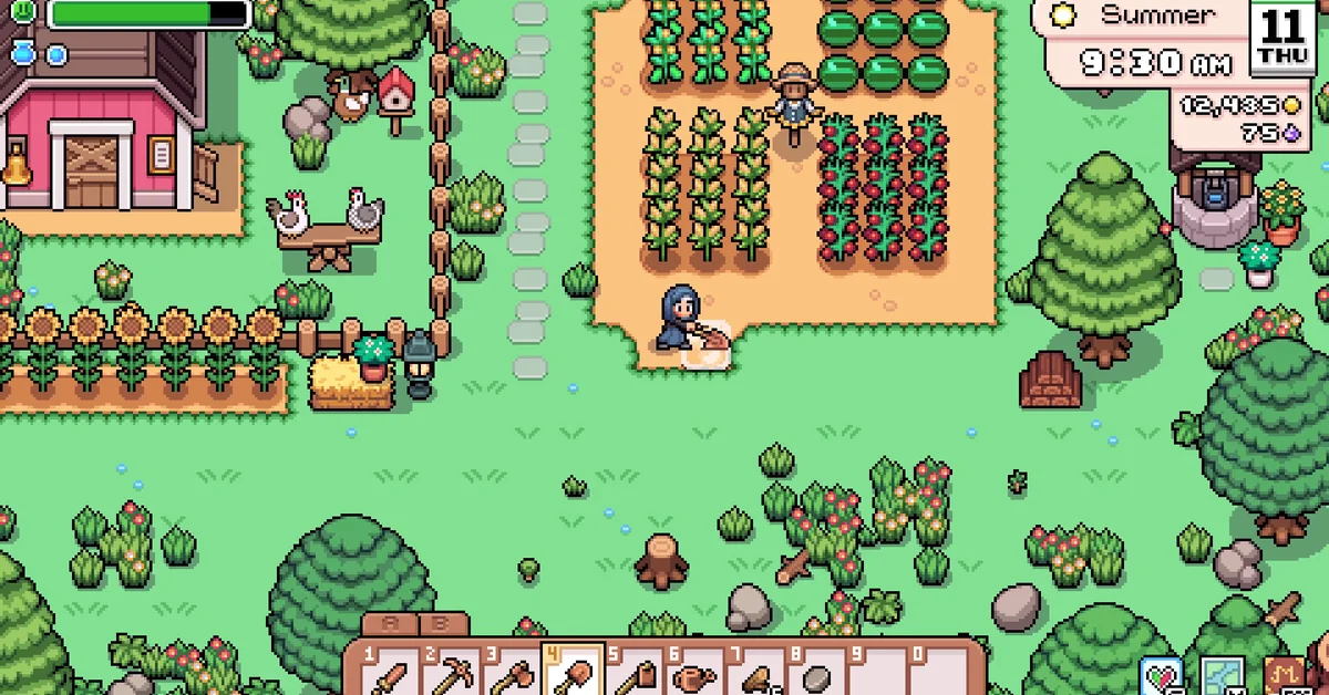 Player character hoeing soil beside a fenced crop field, with a red farm building and two chickens nearby on a summer morning in Fields of Mistria, the toolbar along the bottom of the screen