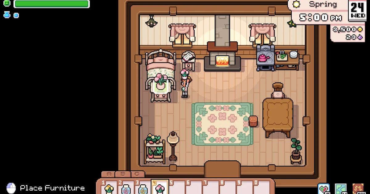 Farmhouse interior with a bed, fireplace, rug and wooden table while the player holds a flower pot and a Place Furniture prompt shows in the corner, in Fields of Mistria