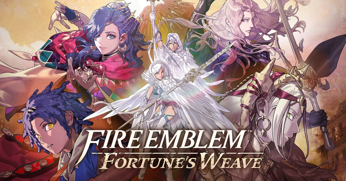 Fire Emblem Fortune's Weave official key art showing the Four Heroes of Dagda