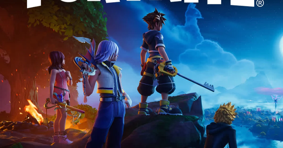 Kairi, Riku, Sora and Roxas from Kingdom Hearts on a rocky ledge at night, looking out over the Fortnite island beside a campfire