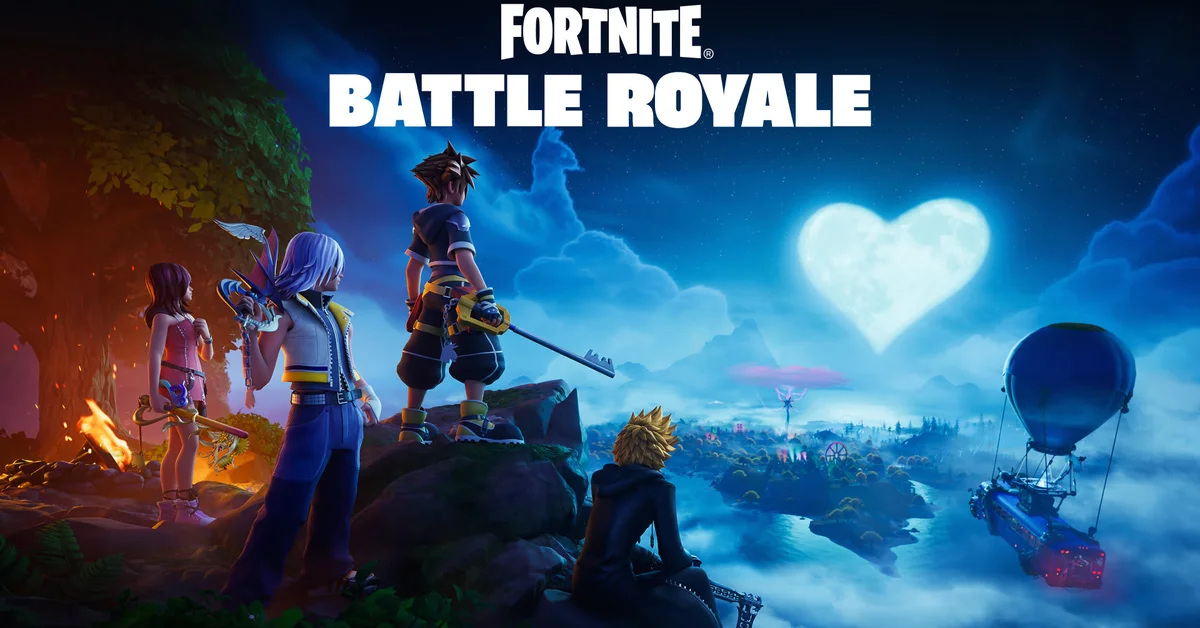 Kingdom Hearts characters look out from a cliff under a heart-shaped moon toward the island and a balloon-lifted Battle Bus, beneath the Fortnite Battle Royale logo