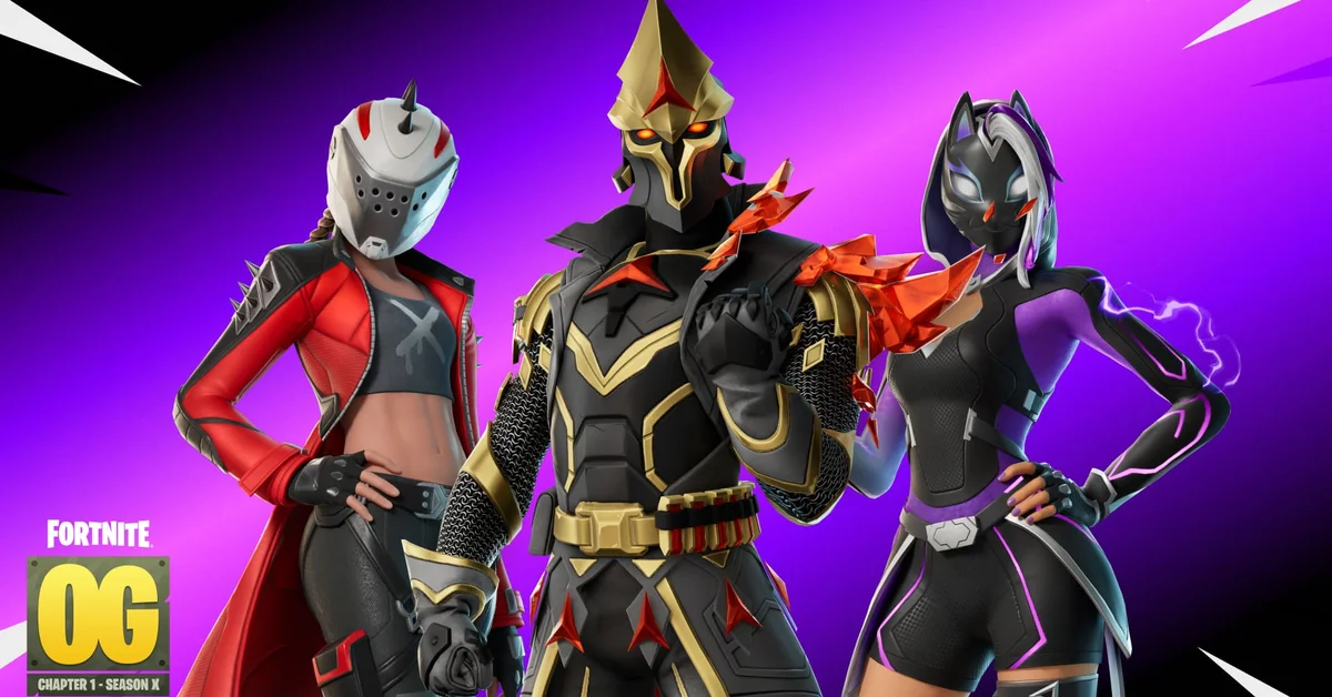 Three Fortnite outfits posed against a purple background, a gold and black armored knight between a red-jacketed fighter and a masked fox-eared hero, beside the Fortnite OG logo