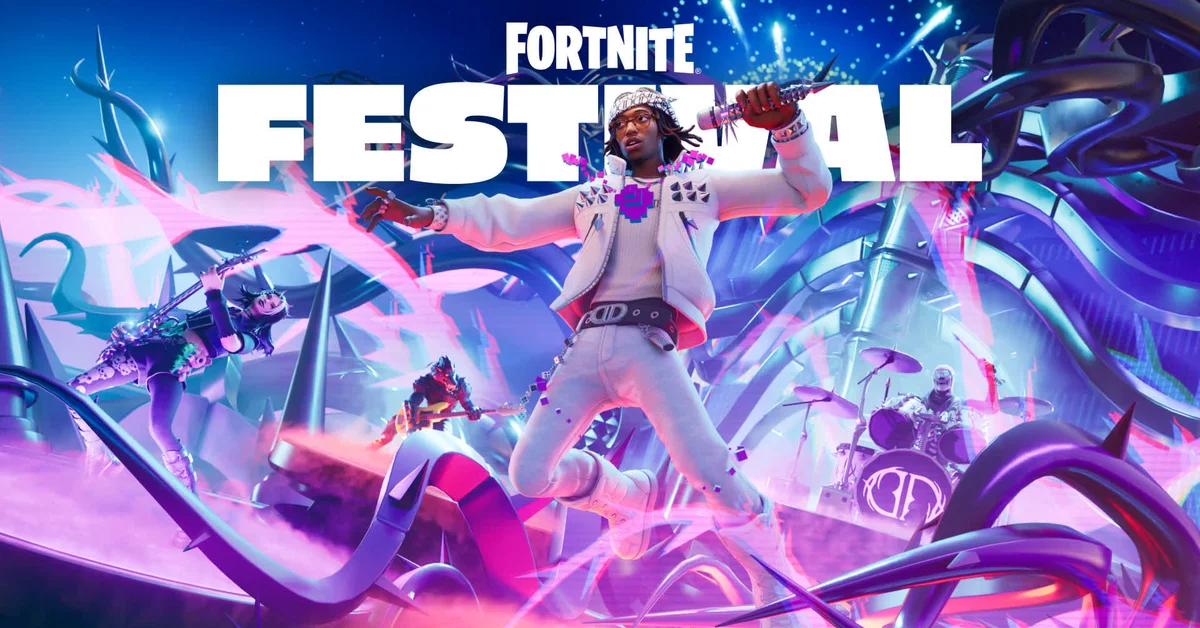 Fortnite Festival key art of a singer in a white outfit leaping on stage in front of a guitarist and drummer, surrounded by dark spiked vines