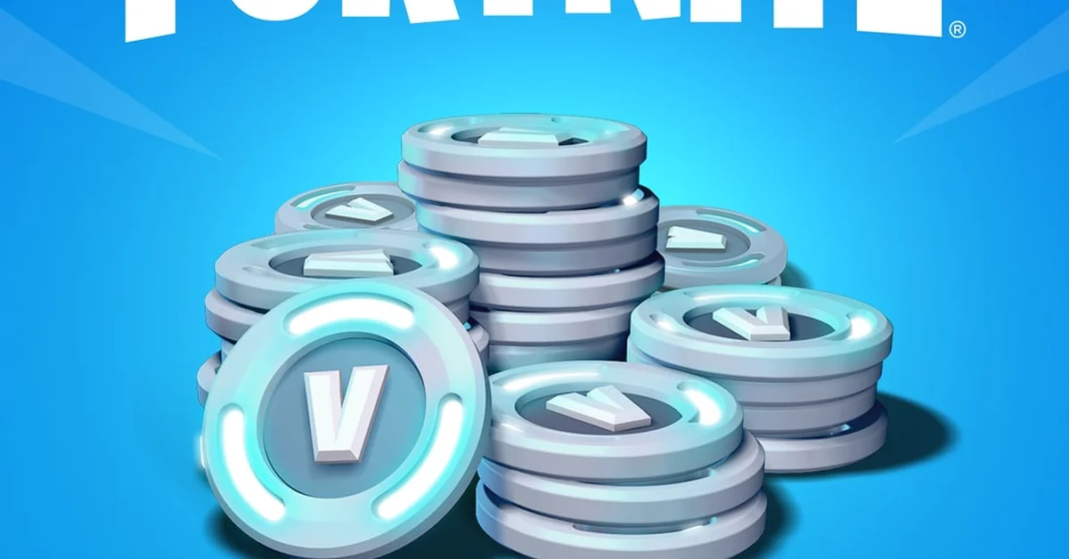Stacks of silver V-Bucks coins on a bright blue background beneath the Fortnite logo