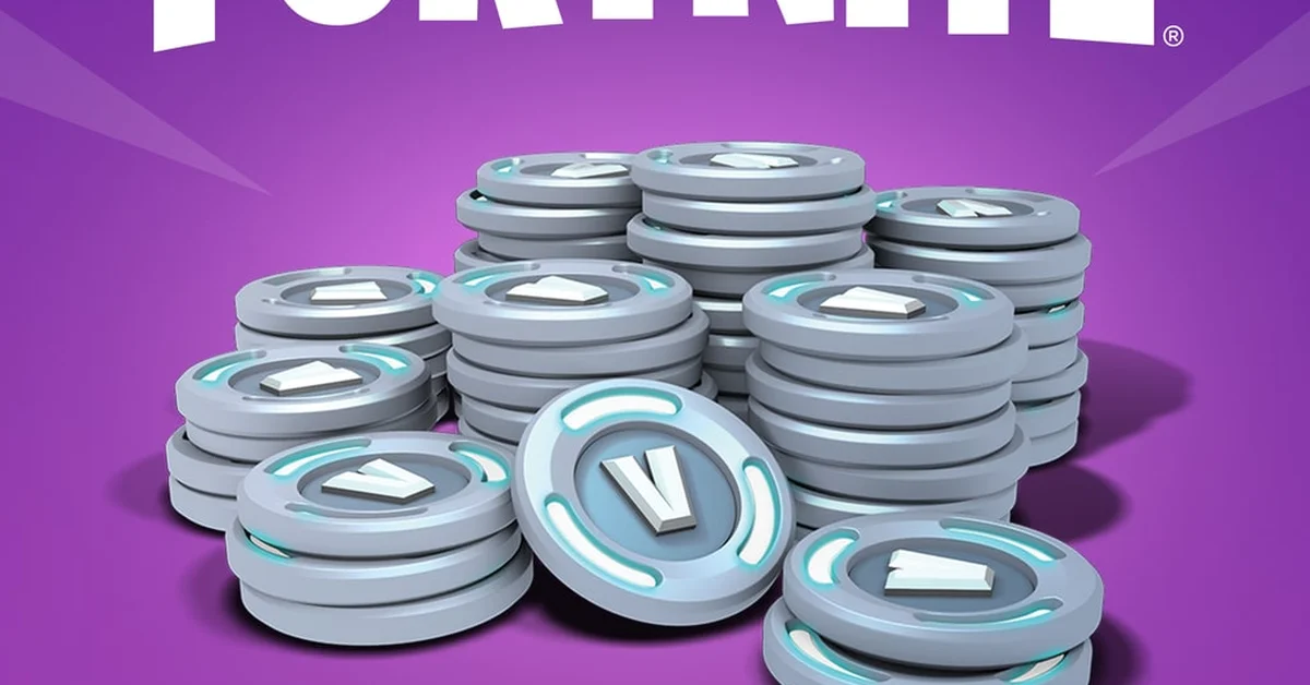 A large pile of silver V-Bucks coins on a purple background beneath the Fortnite logo