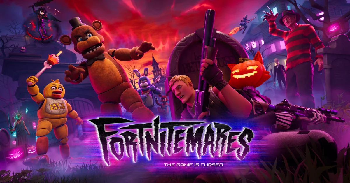 Official Fortnitemares 2026 key art with Freddy Fazbear, Chica and Bonnie beside Jonesy