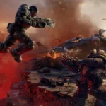 COG soldiers leap across a burning, cratered battlefield firing Lancers at the Locust in Gears of War E-Day