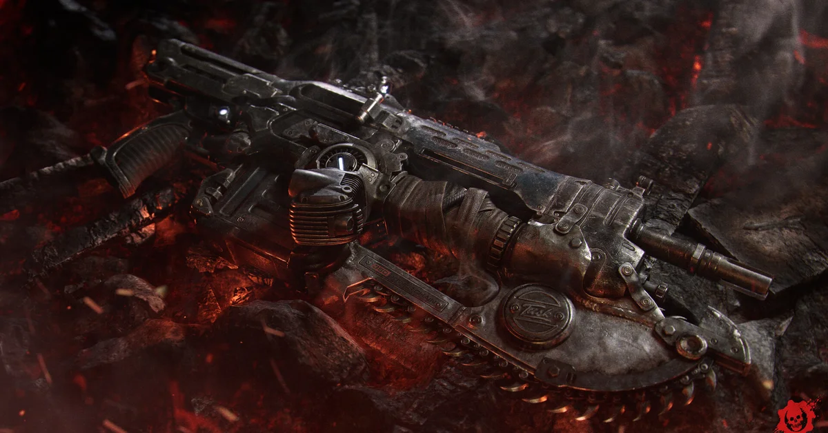 A Lancer assault rifle with its chainsaw bayonet rests on smoldering, ember-lit rubble in Gears of War E-Day