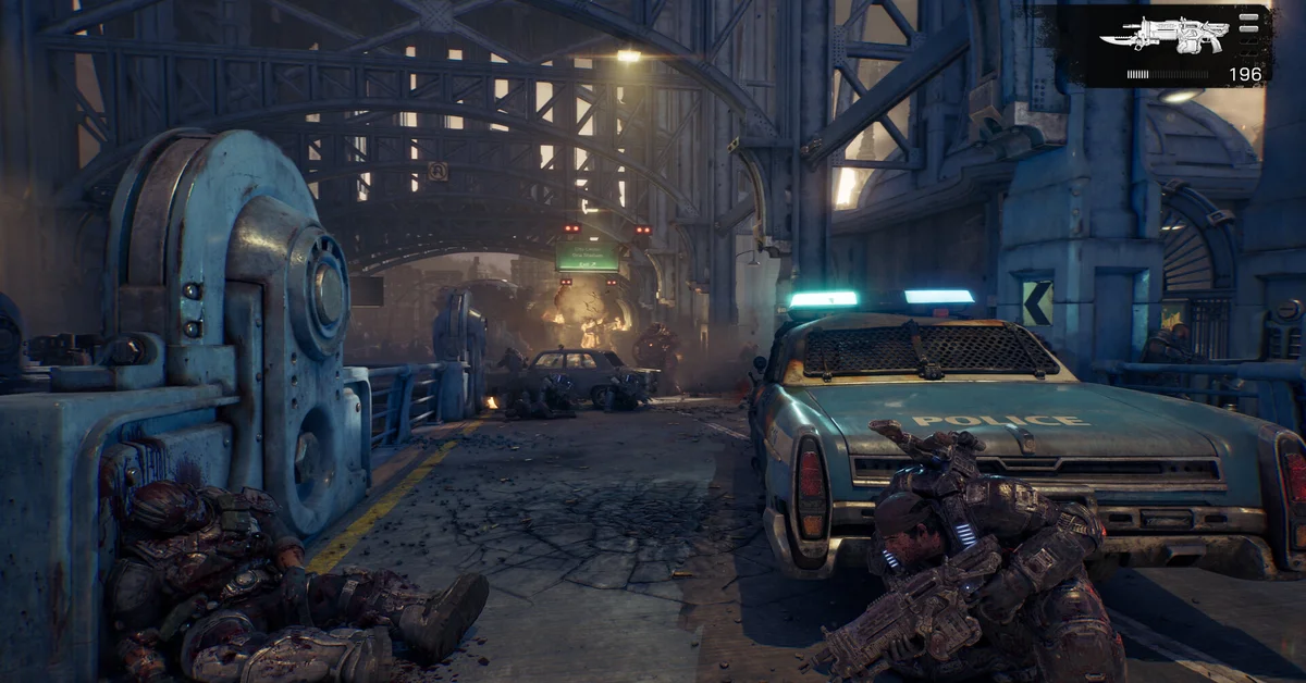 Two COG soldiers taking cover beside a police car on a city bridge in Gears of War E-Day