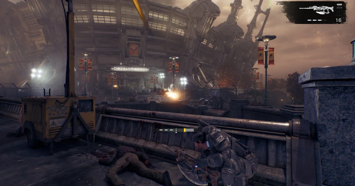 A COG soldier crouched in cover outside Oria Stadium in Gears of War E-Day