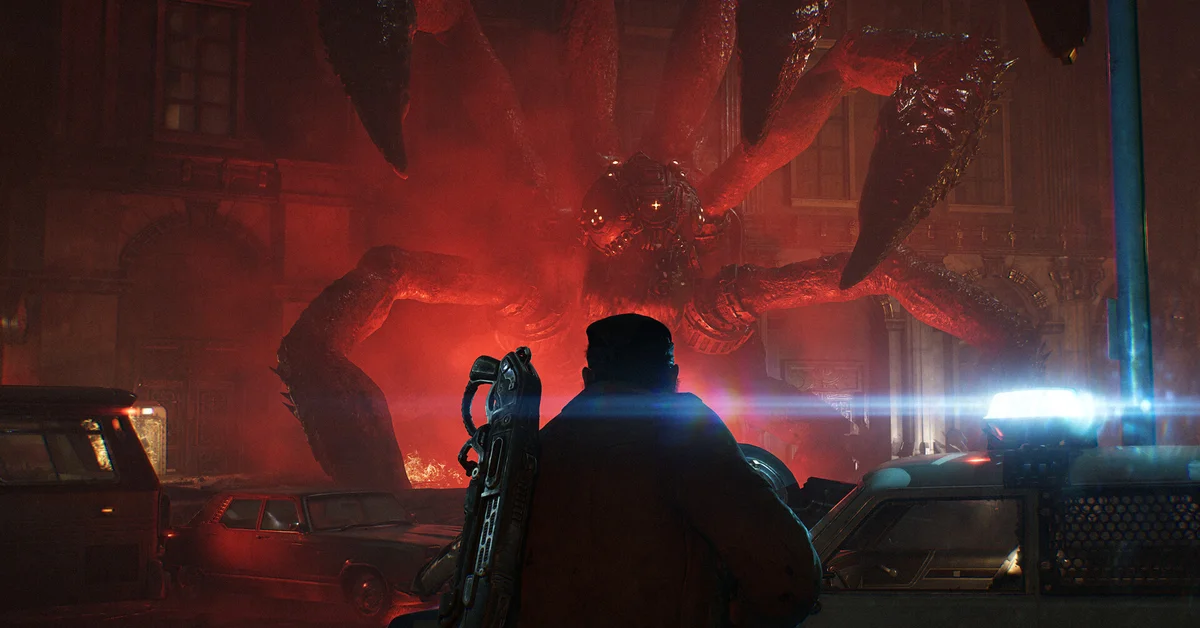 A soldier with a Lancer rifle on his back faces a towering spider-like Locust creature glowing red between burning city buildings and wrecked cars