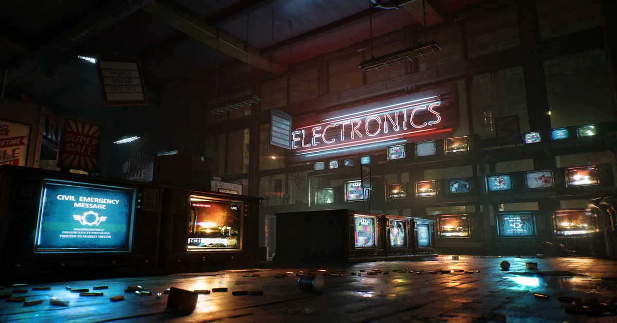 A dark, abandoned electronics store where a TV screen shows a Civil Emergency Message in Gears of War E-Day