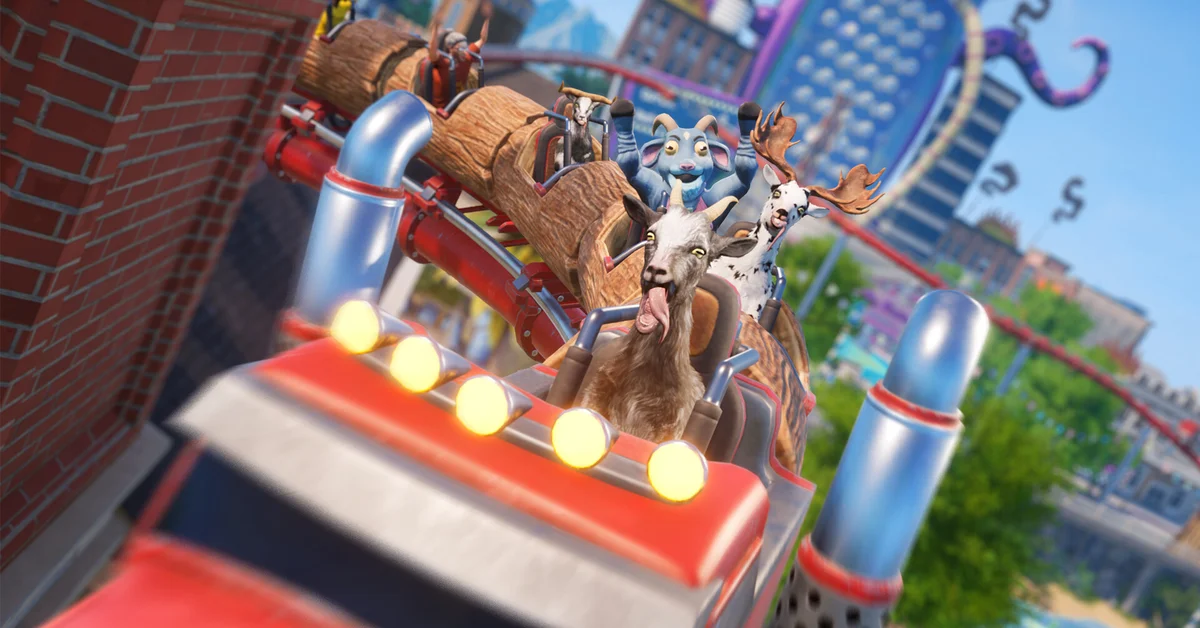A goat riding a roller coaster in Goat Simulator 3 Ticket to Dizzyworld