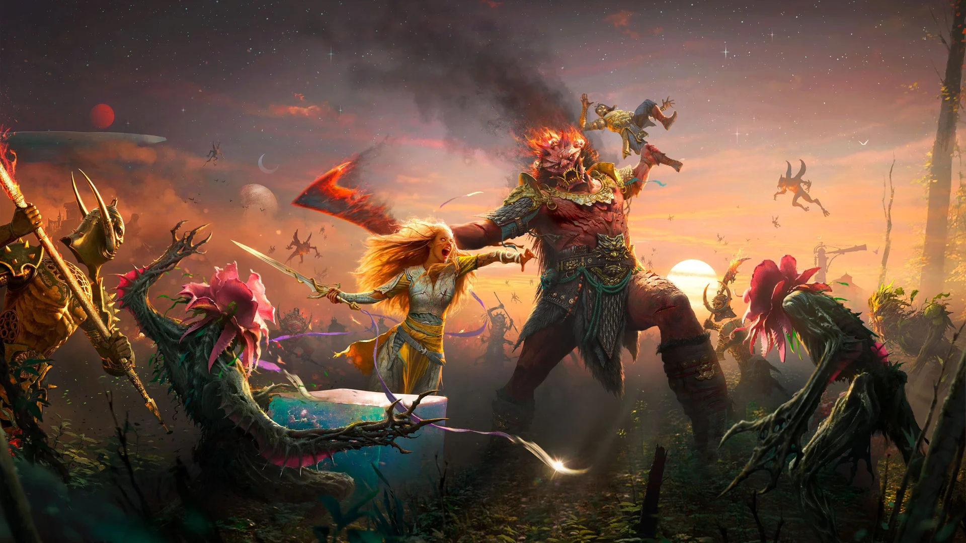 Official God of War Laufey key art showing Faye with her sword drawn beside a giant armored warrior, surrounded by monsters