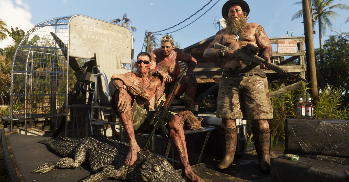 Locals relaxing in the Grassrivers wetlands with an alligator in an official Grand Theft Auto VI screenshot