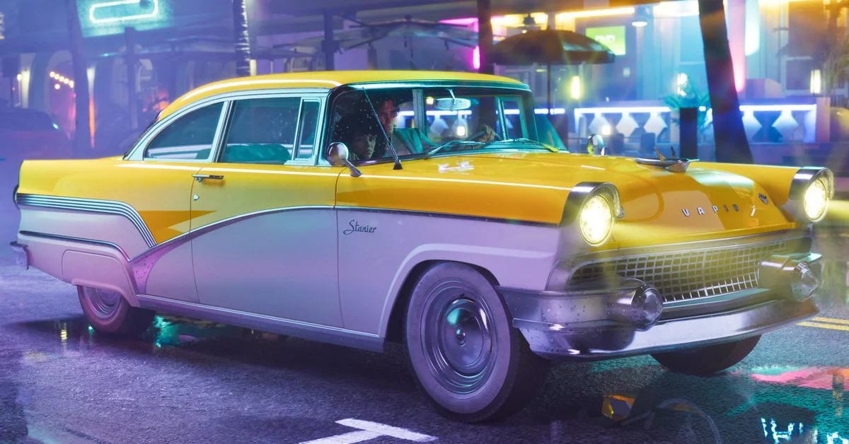 A yellow and white classic car parked under neon lights in Grand Theft Auto VI
