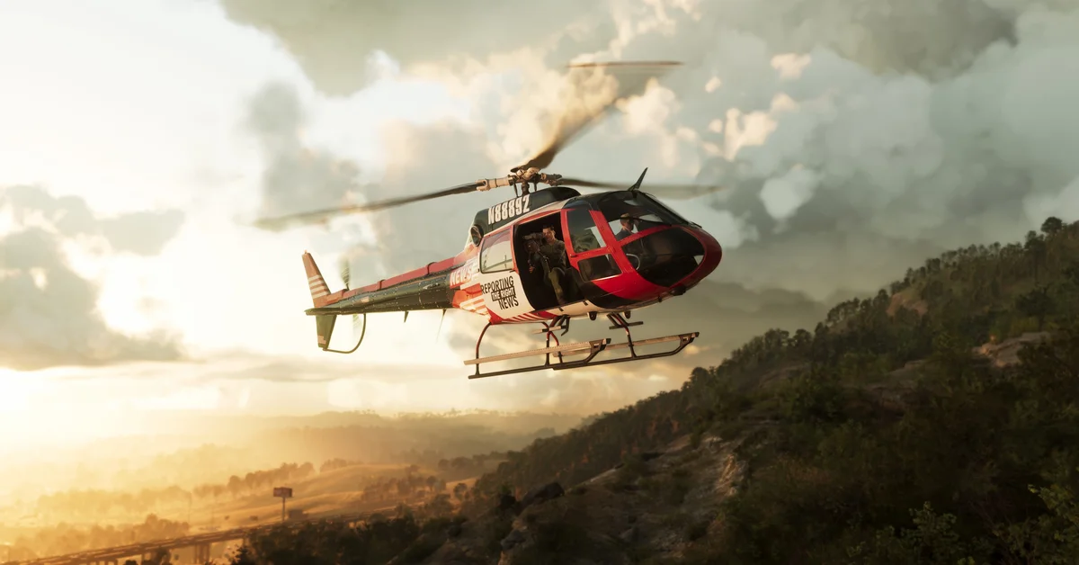 A red and white helicopter flies over the hills of Mount Kalaga National Park in Grand Theft Auto VI