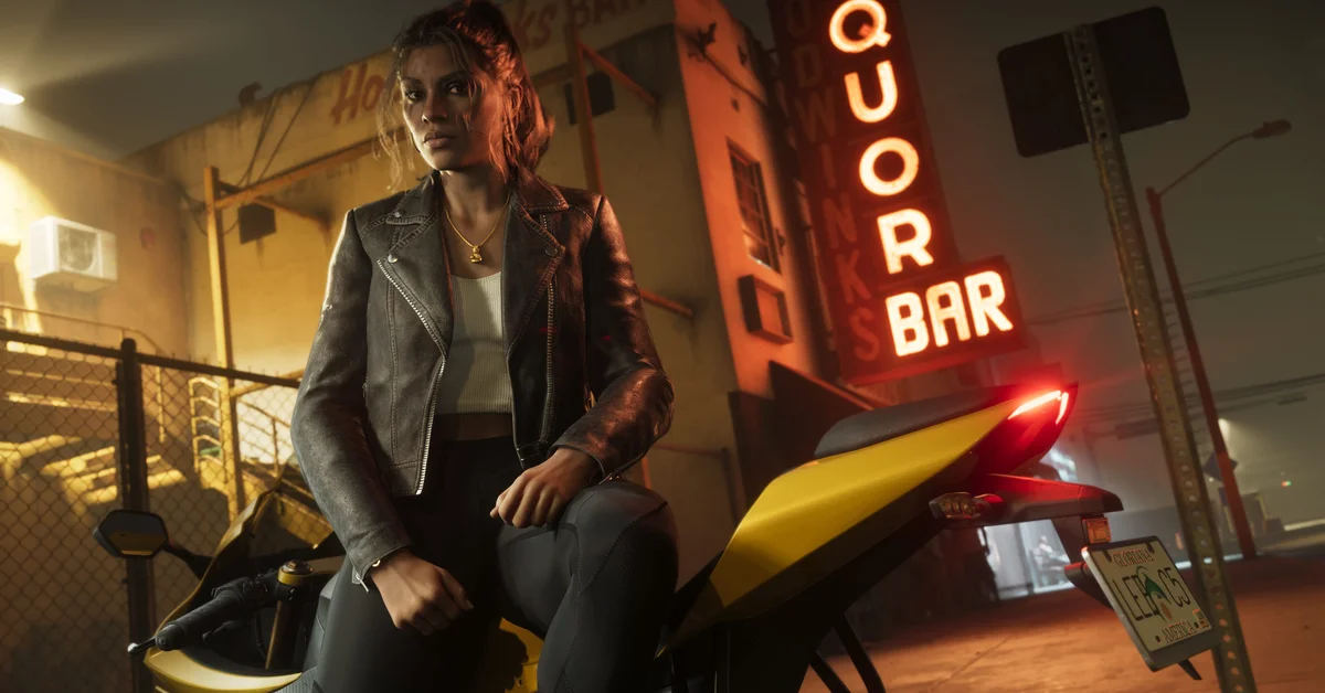 Lucia sits on a yellow motorcycle outside a liquor bar at night in Grand Theft Auto VI
