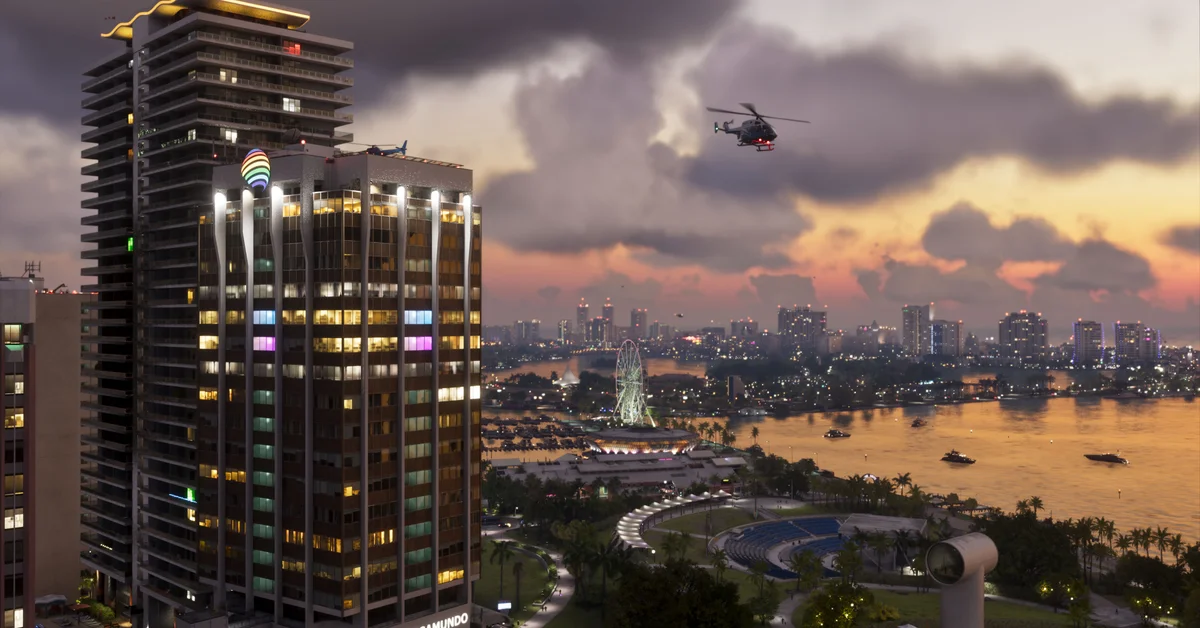 The Vice City skyline at sunset in an official Grand Theft Auto VI screenshot