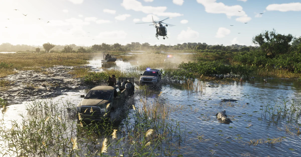Police vehicles and a helicopter chase an airboat through the Grassrivers wetlands in Grand Theft Auto VI