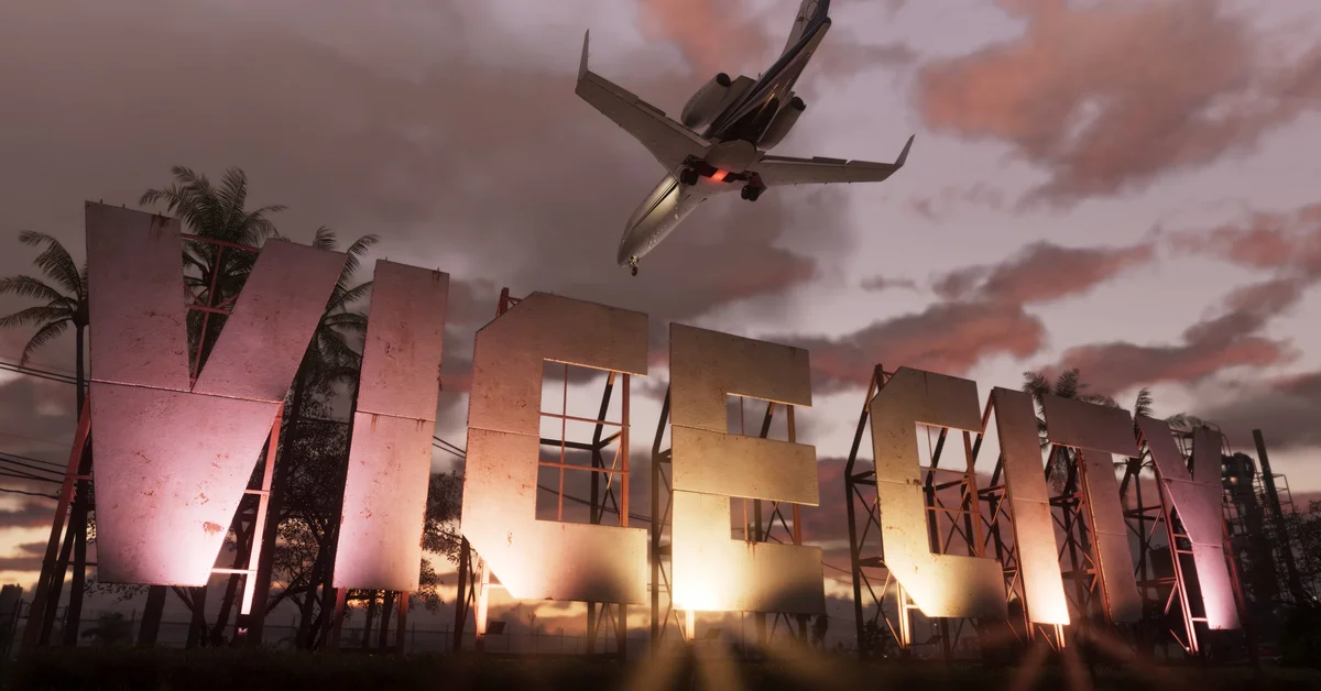 A jet flying over the Vice City sign in an official Grand Theft Auto VI screenshot