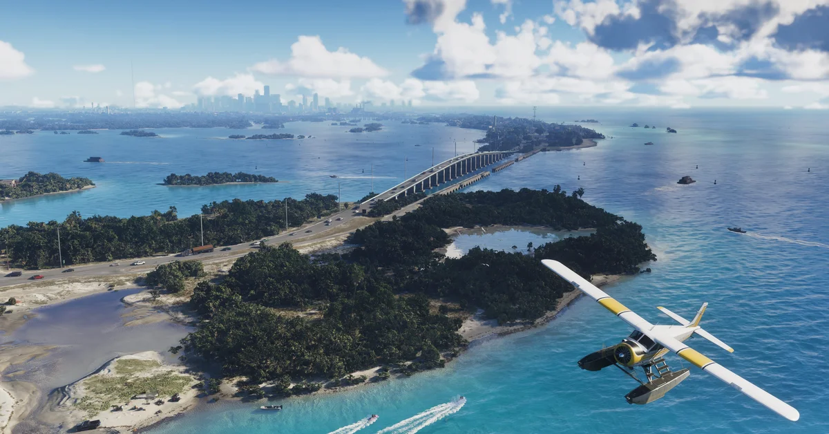 Aerial view of islands, a long bridge and a seaplane over the water in Grand Theft Auto VI's Leonida