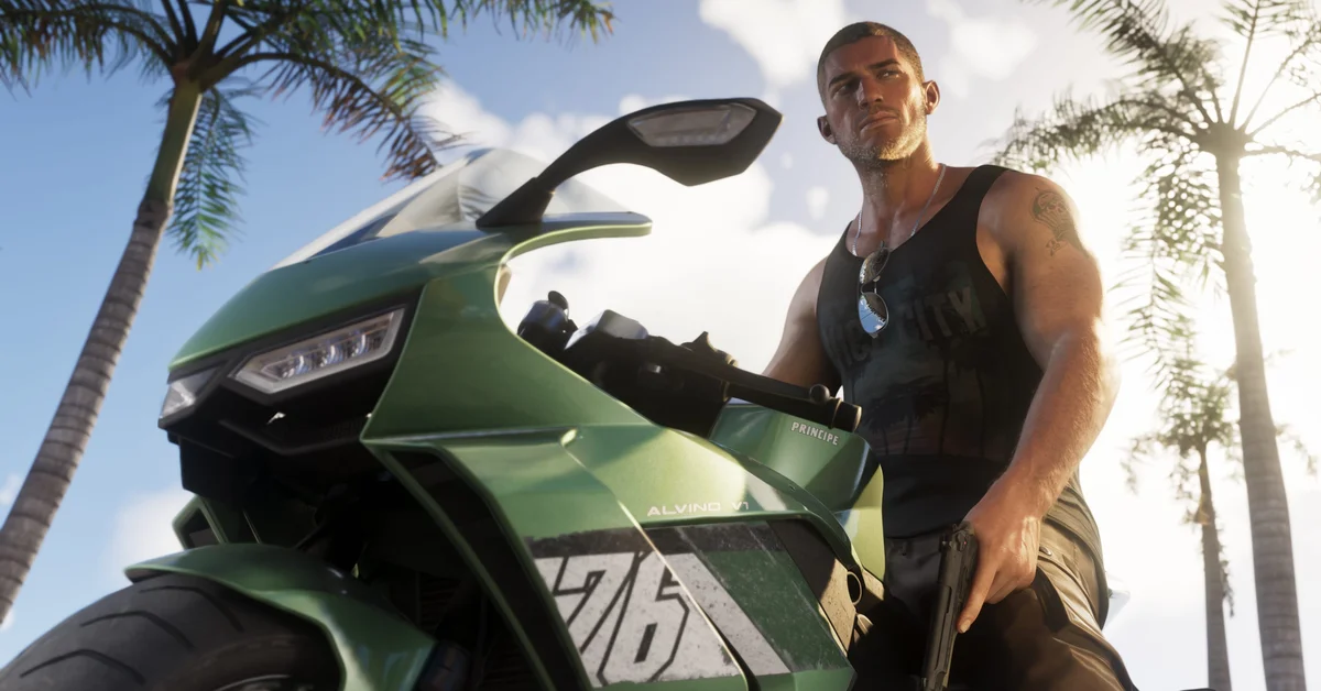 Jason Duval standing beside a motorbike in an official Grand Theft Auto VI screenshot