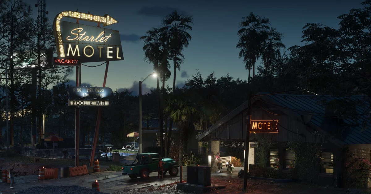 A roadside motel at night in Port Gellhorn in an official Grand Theft Auto VI screenshot