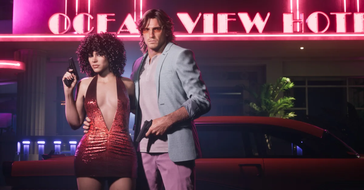 Lucia and Jason in vintage outfits outside the Ocean View Hotel in official Grand Theft Auto VI Vintage Vice City Pack art