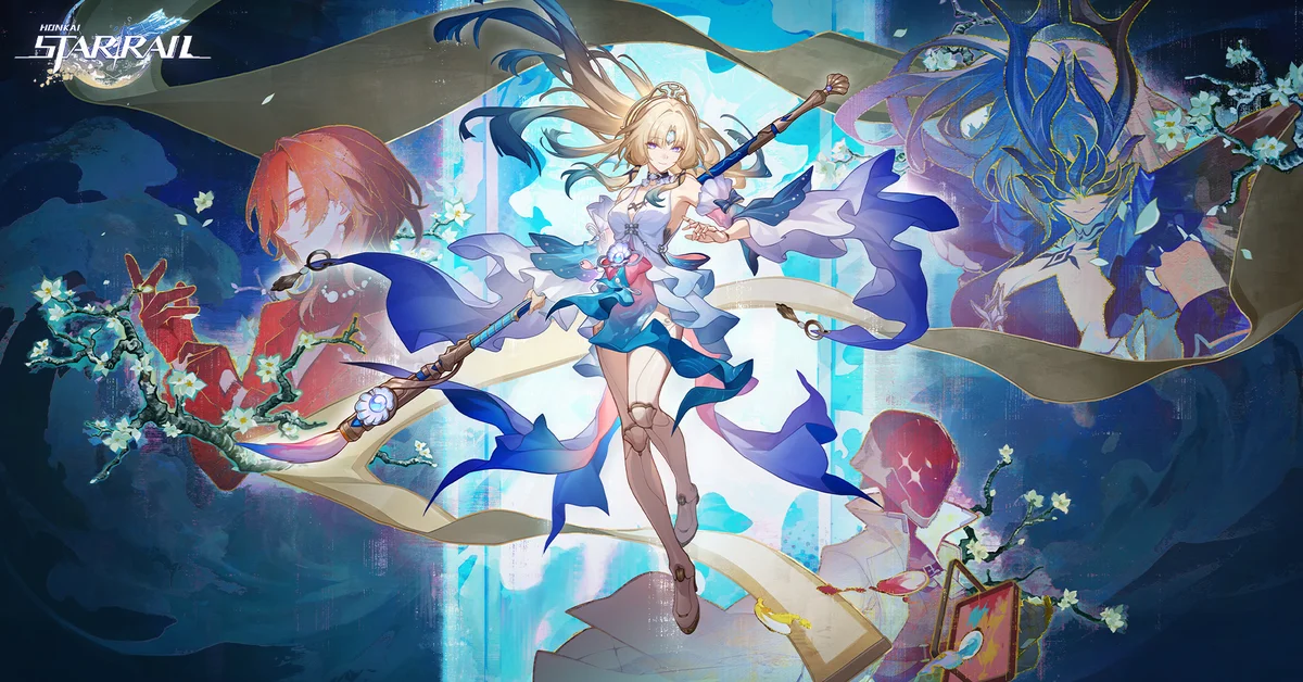 Official Honkai: Star Rail Version 4.6 key art of Pearl holding a staff, with other characters painted in the background