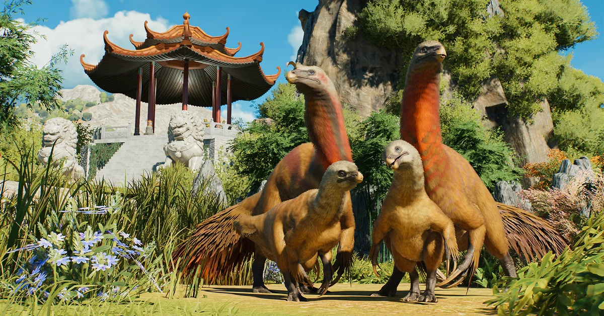 Nanshiungosaurus in front of a pagoda in official Jurassic World Evolution 3: Prehistoric East art